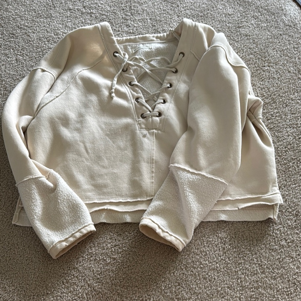 Free People Cream Lace-Up Sweater